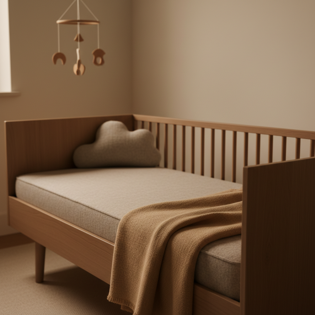 A serene nighttime nursery setting with a wool-focused sleep environment: a low, minimalist crib fitted with a pale stone-colored wool mattress pad, a light camel wool blanket folded at the foot, and a small, cloud-shaped wool cushion placed near the head. The wool textiles have visible, comforting loft and fine, breathable weaves. The room is painted in warm off-white, with a single wooden mobile hanging in the softly blurred background. Dim, warm bedside lamp light gently washes over the wool surfaces, creating soft highlights and velvety shadows that suggest quiet, uninterrupted rest. Photographic realism, shot at eye level with a slightly wide frame, capturing the whole sleep area while keeping focus on the wool textures, for a peaceful, sophisticated and nurturing mood.