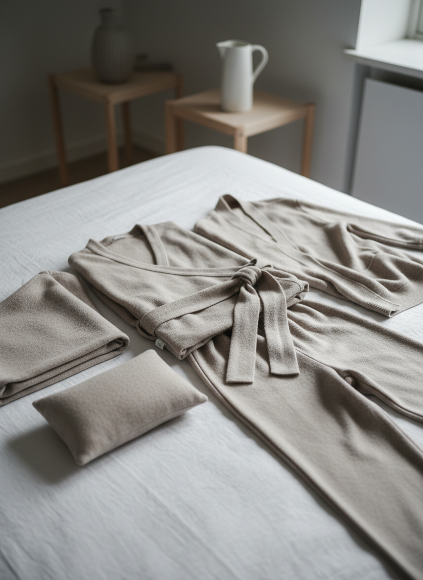 A neatly arranged postpartum lounge set made of luxurious light taupe wool lies on a crisp white linen bed: a wrap-style top with wide, soft ties, relaxed-fit pants, and a matching lightweight cardigan. The wool surface looks smooth yet cushioned, with fine fibers that suggest breathability and warmth. Beside the set, a folded wool nursing cover and a small, wool-filled cushion are placed thoughtfully. The room is styled in a modern, minimalist Scandinavian aesthetic, with pale wooden side tables and a simple ceramic carafe in the softly blurred background. Soft overcast daylight pours through an unseen window, creating even, flattering illumination with gentle shadows. Photographic realism, slightly elevated angle, conveying refined comfort, calm, and supportive postpartum rest.