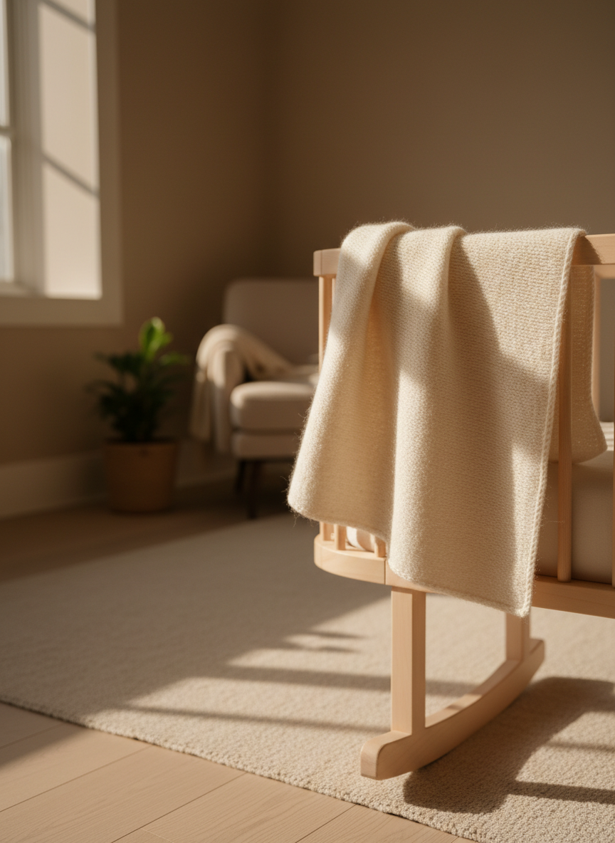 A close-up, photographic realistic shot of a creamy ivory wool baby blanket draped over the side of a light wooden cradle, the texture of the fine knit clearly visible with delicate stitches and a softly brushed finish. The cradle sits on a pale linen rug in a calm, uncluttered room with muted beige walls. Gentle late-afternoon sunlight filters in from the side, creating a warm, tranquil glow and subtle shadows within the folds of the wool. The composition uses a shallow depth of field, keeping the blanket’s edge and fibers in sharp focus while blurring the background. The mood is peaceful and restful, suggesting deep, comfortable sleep and quiet postpartum recovery in a sophisticated, natural environment.