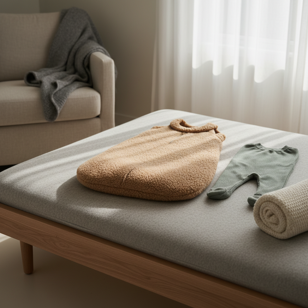 An inviting bedside scene featuring a wool sleep sack and wool baby pajama set spread on a low, natural wood bedframe topped with a thick, light gray wool mattress topper. The sleep sack is a warm sand color with simple, elegant lines and visible soft pile, while the pajamas are a muted sage green rib-knit wool. A rolled wool blanket rests at the foot of the bed. The room has a quiet, sophisticated palette of warm neutrals, with a single wool throw on a nearby chair in the softly blurred background. Early morning light streams through sheer curtains, creating a gentle, luminous atmosphere. Photographic realism, shot from a three-quarter angle with moderate depth of field, emphasizing rest, security, and the natural luxury of wool.
