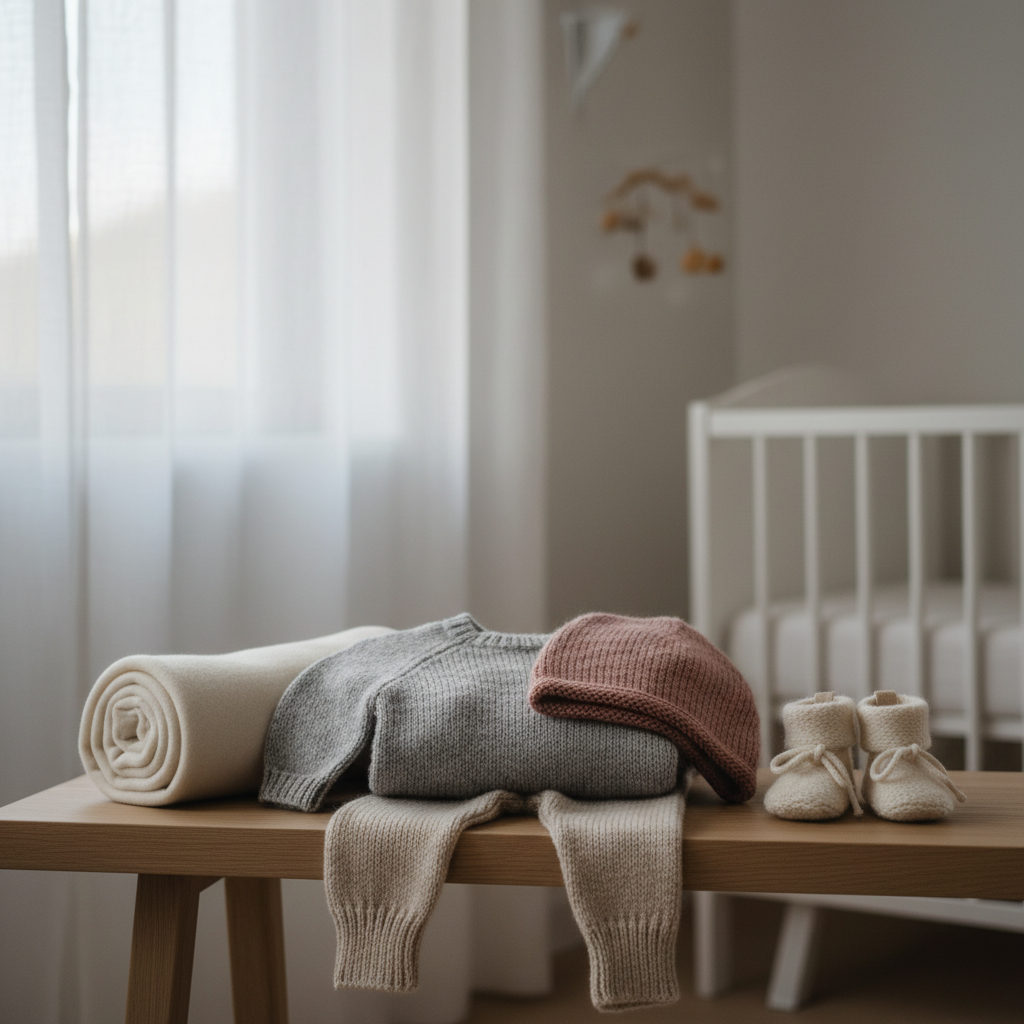 A meticulously folded set of children’s wool clothing arranged on a pale oak bench: a soft heather-gray long-sleeve top, oatmeal-colored leggings, and a dusky rose bonnet, all knitted from fine merino wool with visibly plush, airy fibers. Around them, a neatly rolled wool baby blanket and a pair of tiny wool booties add depth. The scene is set beside a large window with sheer white curtains, where diffused morning light washes over the textiles, accentuating their gentle loft and subtle color variations. The background is softly blurred, showing hints of a minimalist, tidy nursery. Photographic realism, eye-level composition with shallow depth of field, creating a serene, sophisticated and cozy atmosphere that emphasizes natural comfort and warmth.