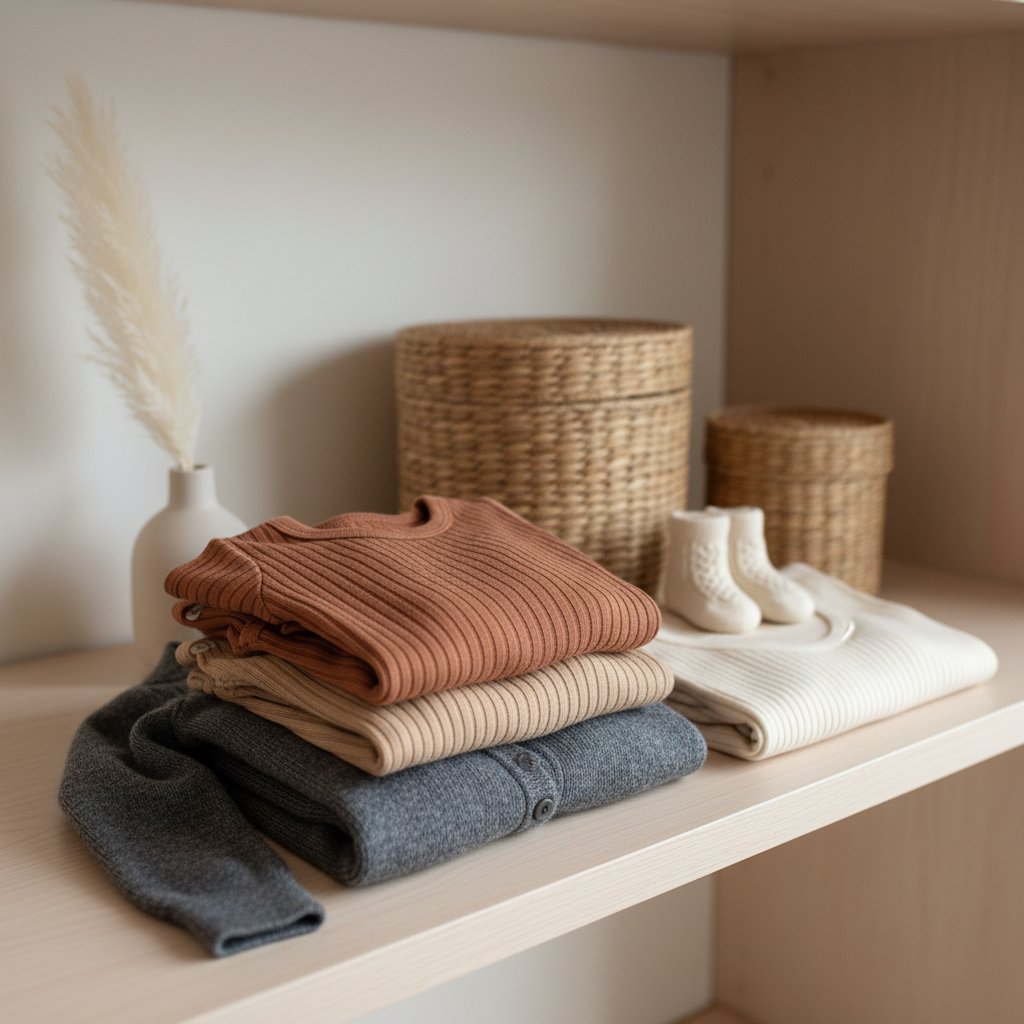 A stack of finely crafted wool garments for babies and postpartum wear arranged on a smooth, light birch shelf: ribbed wool bodysuits in soft earth tones, an elegant charcoal postpartum cardigan, delicate cream wool socks, and a folded wool nursing camisole. Each piece shows distinct textures, from tightly knit ribs to loftier brushed finishes, all in a cohesive, sophisticated palette. Behind the stack, simple woven storage baskets and a single dried flower stem in a matte ceramic vase hint at an organized, calm living space. Soft studio lighting mimics natural daylight, casting gentle highlights on the wool fibers and subtle shadows along the shelf edge. Photographic realism, centered composition with a slight side angle, evoking an orderly, elevated boutique display focused on quality and comfort.